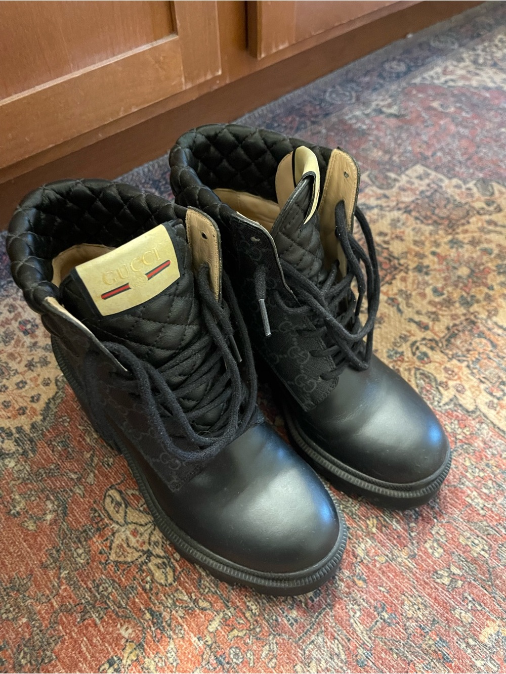 Gucci Apollo Supreme Black Quilted Logo Combat Boots